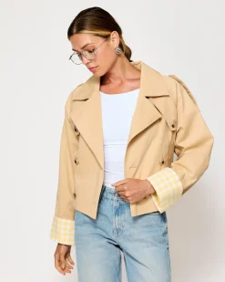 Line & Dot ALBA CROP TRENCH JACKET WITH GINGHAM CHECK CUFFS- Resort | Outerwear